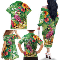 Hawaiian Flamingo Hibiscus Personalised Family Matching Off The Shoulder Long Sleeve Dress and Hawaiian Shirt Green Summer Tropical Flowers LT9 - Polynesian Pride
