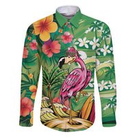 Hawaiian Flamingo Hibiscus Personalised Family Matching Off The Shoulder Long Sleeve Dress and Hawaiian Shirt Green Summer Tropical Flowers LT9 Dad's Shirt - Long Sleeve Green - Polynesian Pride
