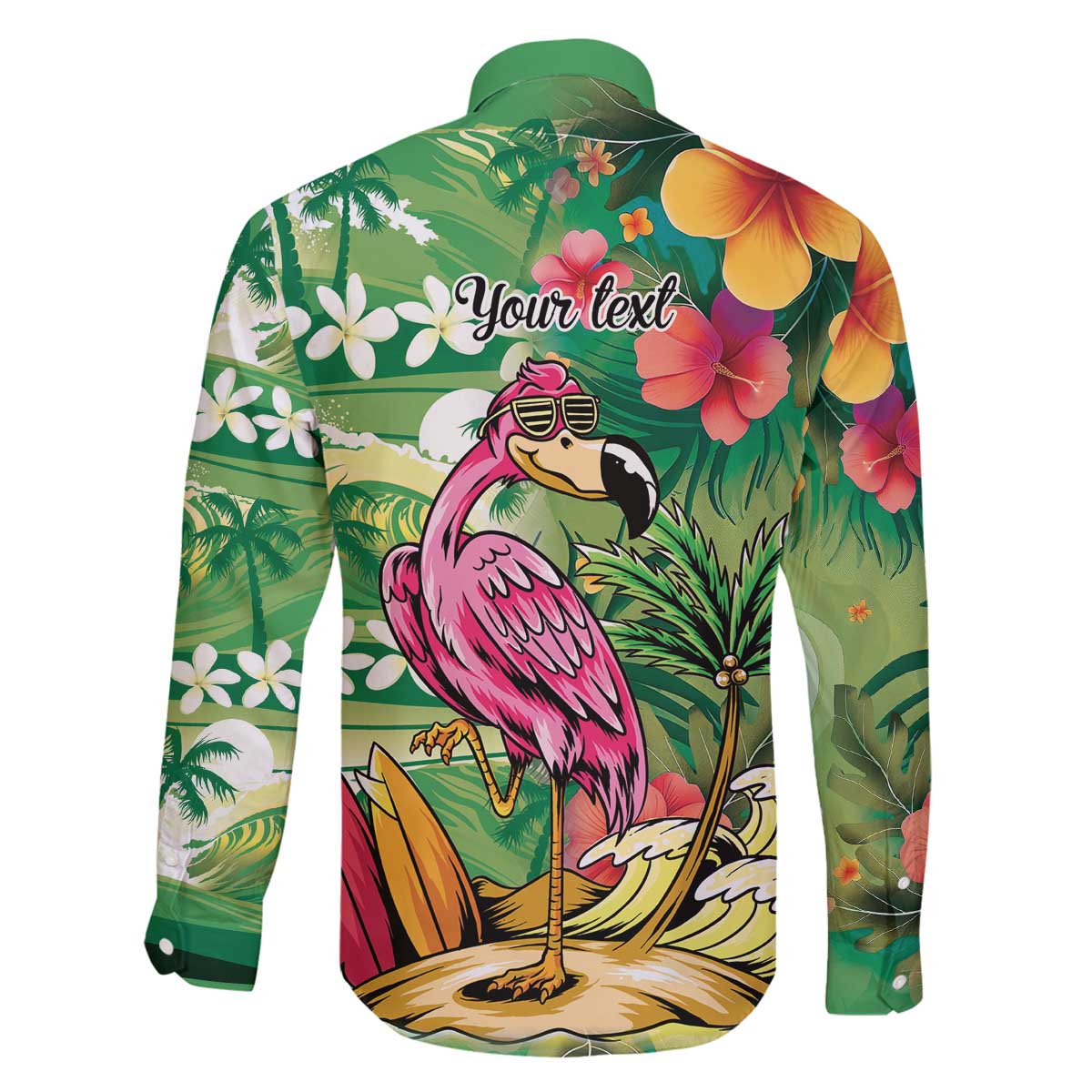 Hawaiian Flamingo Hibiscus Personalised Family Matching Off The Shoulder Long Sleeve Dress and Hawaiian Shirt Green Summer Tropical Flowers LT9 - Polynesian Pride