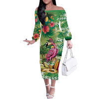 Hawaiian Flamingo Hibiscus Personalised Family Matching Off The Shoulder Long Sleeve Dress and Hawaiian Shirt Green Summer Tropical Flowers LT9 Mom's Dress Green - Polynesian Pride