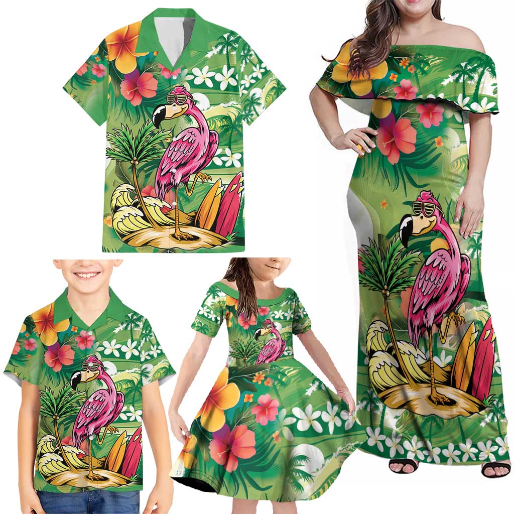 Hawaiian Flamingo Hibiscus Personalised Family Matching Off Shoulder Maxi Dress and Hawaiian Shirt Green Summer Tropical Flowers LT9 - Polynesian Pride