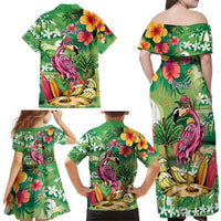 Hawaiian Flamingo Hibiscus Personalised Family Matching Off Shoulder Maxi Dress and Hawaiian Shirt Green Summer Tropical Flowers LT9 - Polynesian Pride
