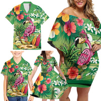 Hawaiian Flamingo Hibiscus Personalised Family Matching Off Shoulder Short Dress and Hawaiian Shirt Green Summer Tropical Flowers LT9 - Polynesian Pride