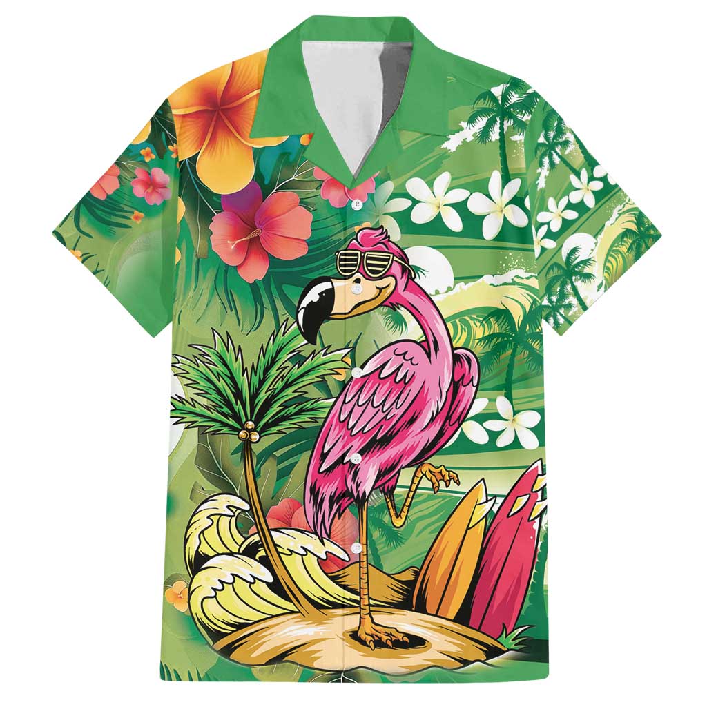 Hawaiian Flamingo Hibiscus Personalised Family Matching Off Shoulder Short Dress and Hawaiian Shirt Green Summer Tropical Flowers LT9 Dad's Shirt - Short Sleeve Green - Polynesian Pride