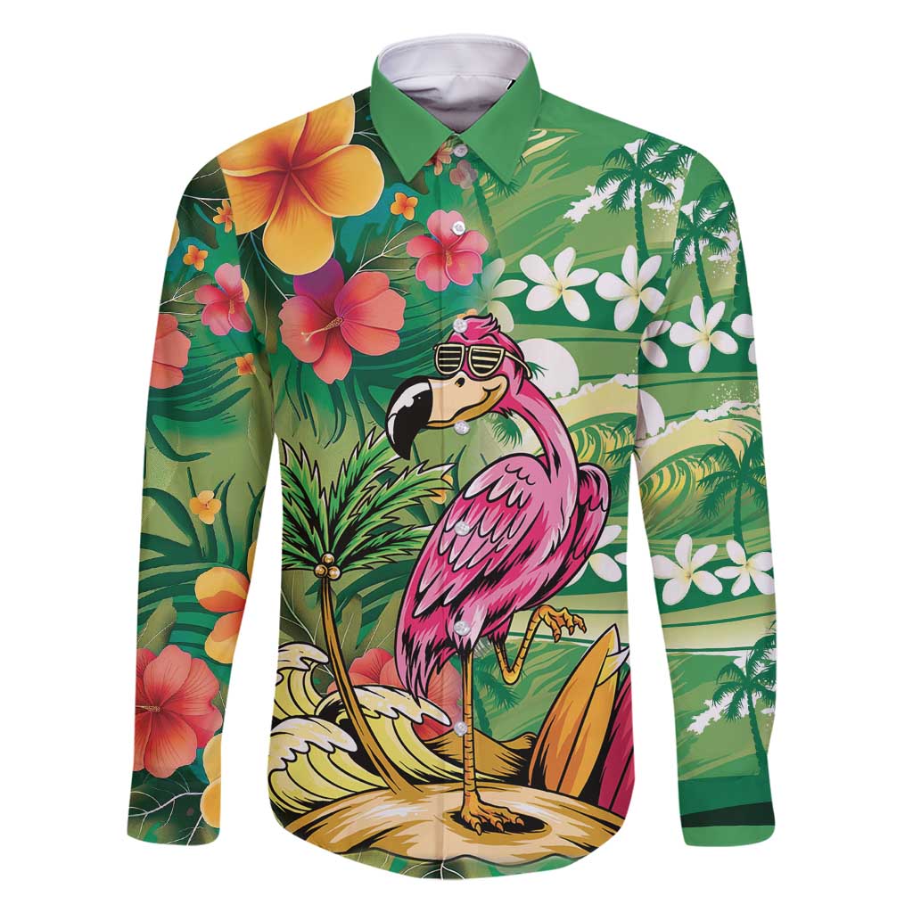 Hawaiian Flamingo Hibiscus Personalised Family Matching Off Shoulder Short Dress and Hawaiian Shirt Green Summer Tropical Flowers LT9 Dad's Shirt - Long Sleeve Green - Polynesian Pride
