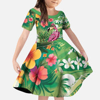 Hawaiian Flamingo Hibiscus Personalised Family Matching Puletasi and Hawaiian Shirt Green Summer Tropical Flowers LT9 Daughter's Dress Green - Polynesian Pride