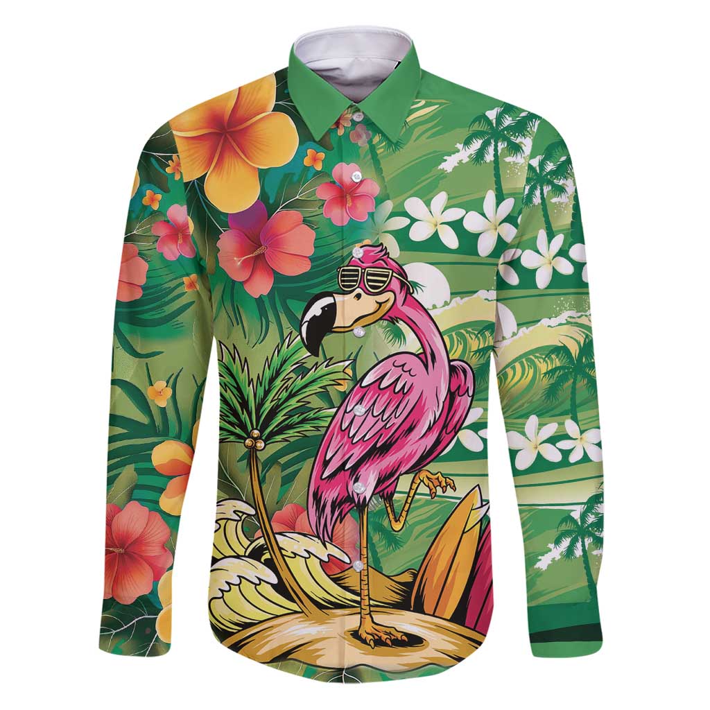 Hawaiian Flamingo Hibiscus Personalised Family Matching Puletasi and Hawaiian Shirt Green Summer Tropical Flowers LT9 Dad's Shirt - Long Sleeve Green - Polynesian Pride