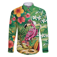 Hawaiian Flamingo Hibiscus Personalised Family Matching Puletasi and Hawaiian Shirt Green Summer Tropical Flowers LT9 Dad's Shirt - Long Sleeve Green - Polynesian Pride
