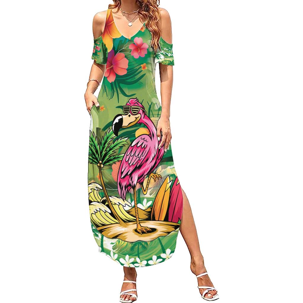 Hawaiian Flamingo Hibiscus Personalised Family Matching Summer Maxi Dress and Hawaiian Shirt Green Summer Tropical Flowers LT9 Mom's Dress Green - Polynesian Pride