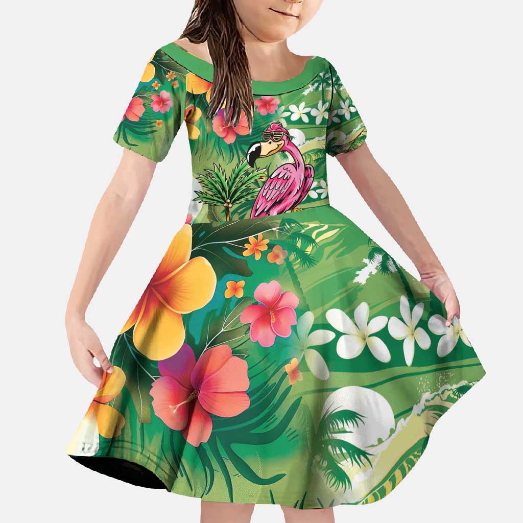 Hawaiian Flamingo Hibiscus Personalised Family Matching Tank Maxi Dress and Hawaiian Shirt Green Summer Tropical Flowers LT9 Daughter's Dress Green - Polynesian Pride