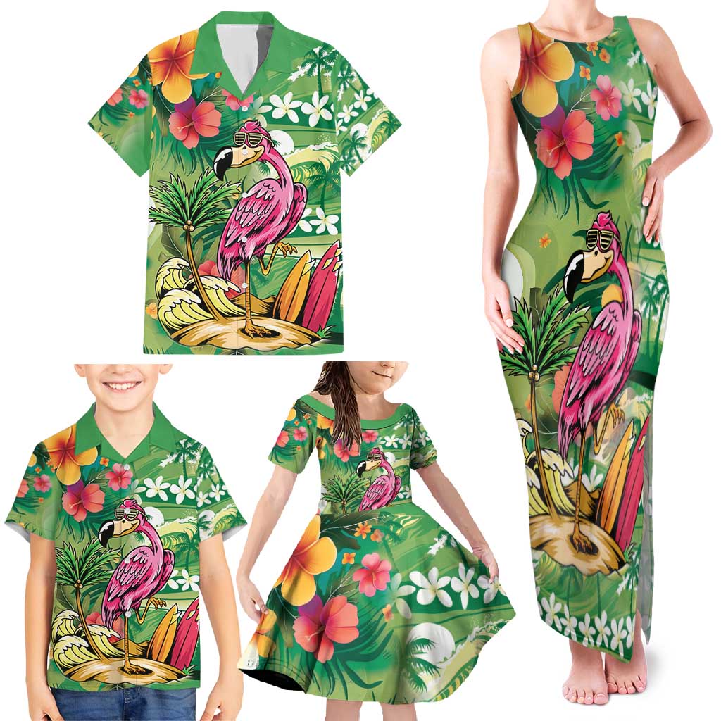 Hawaiian Flamingo Hibiscus Personalised Family Matching Tank Maxi Dress and Hawaiian Shirt Green Summer Tropical Flowers LT9 - Polynesian Pride