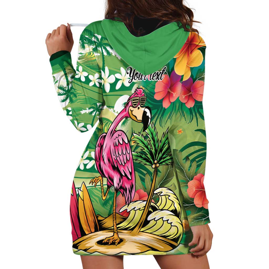 Hawaiian Flamingo Hibiscus Personalised Hoodie Dress Green Summer Tropical Flowers LT9 - Polynesian Pride