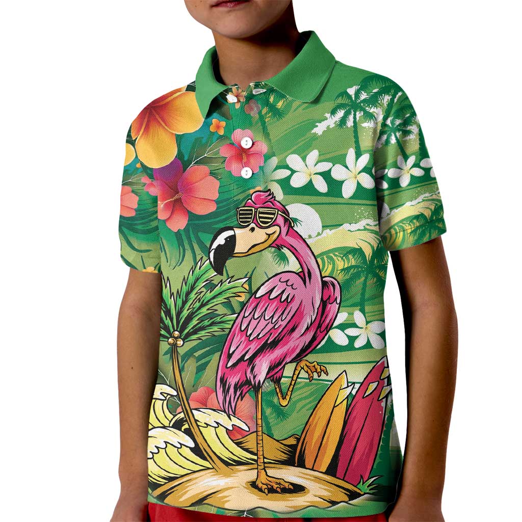 Hawaiian Flamingo Hibiscus Personalised Kid Polo Shirt Green Summer Tropical Flowers LT9 Kid Green - Polynesian Pride
