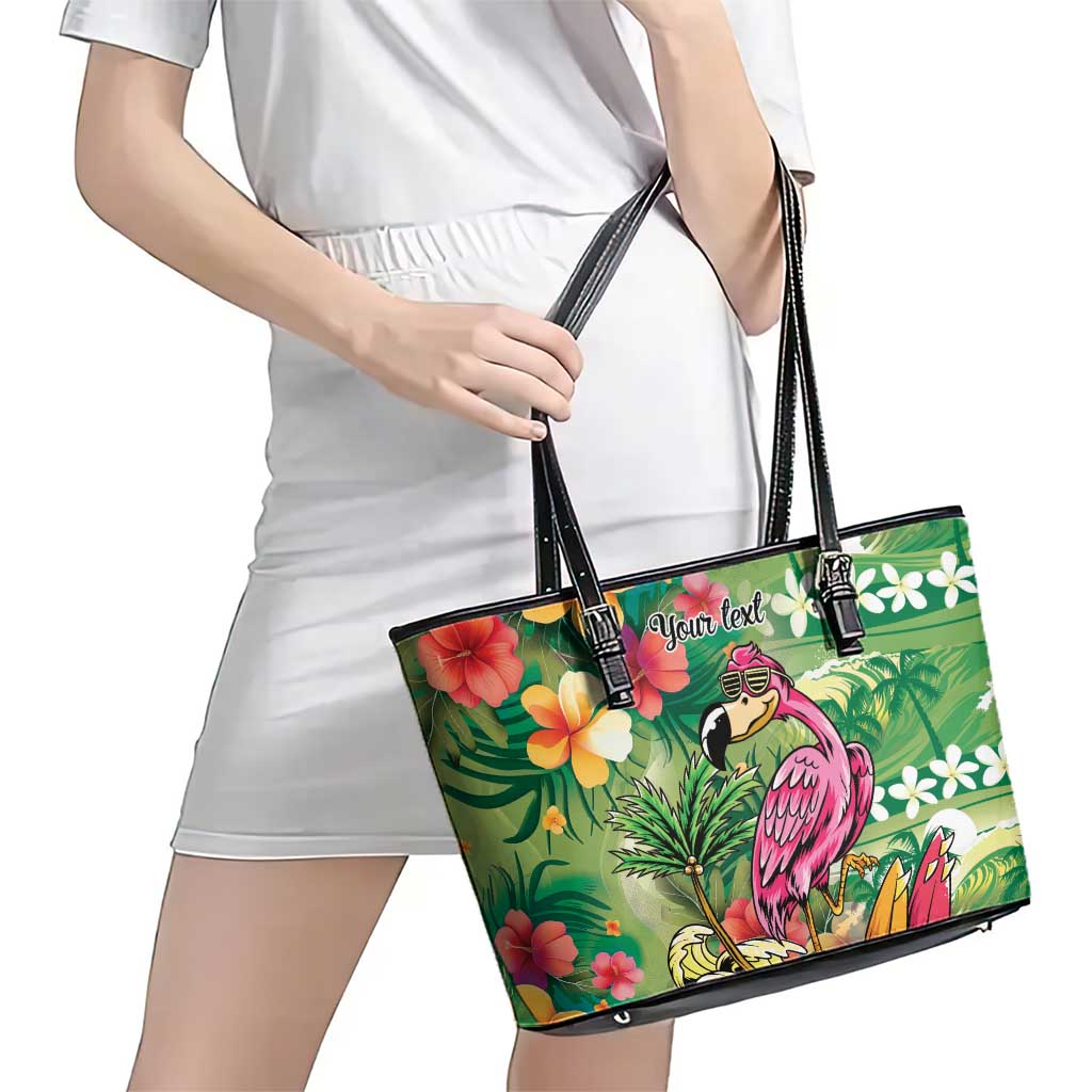 Hawaiian Flamingo Hibiscus Personalised Leather Tote Bag Green Summer Tropical Flowers LT9 - Polynesian Pride