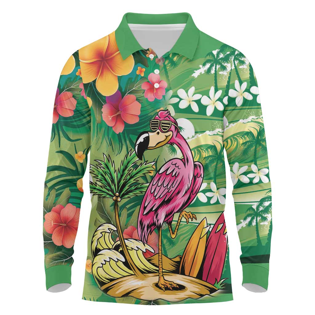 Hawaiian Flamingo Hibiscus Personalised Long Sleeve Polo Shirt Green Summer Tropical Flowers LT9 Green - Polynesian Pride