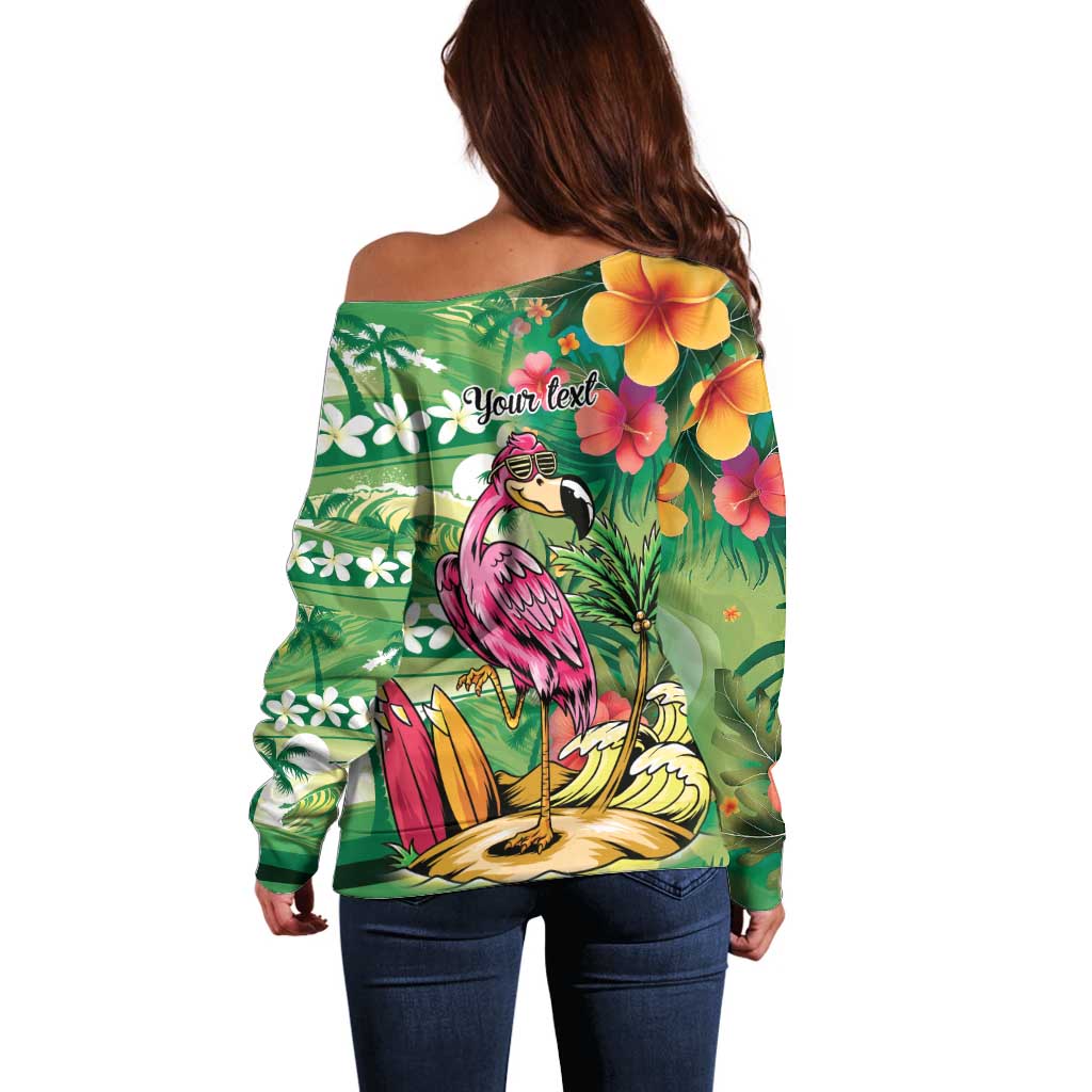 Hawaiian Flamingo Hibiscus Personalised Off Shoulder Sweater Green Summer Tropical Flowers LT9 - Polynesian Pride