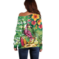 Hawaiian Flamingo Hibiscus Personalised Off Shoulder Sweater Green Summer Tropical Flowers LT9 - Polynesian Pride