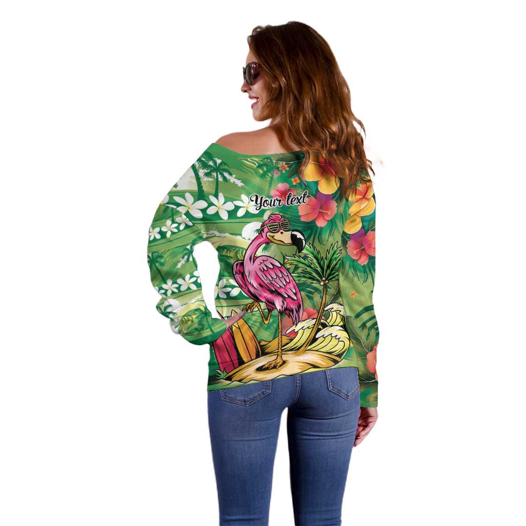 Hawaiian Flamingo Hibiscus Personalised Off Shoulder Sweater Green Summer Tropical Flowers LT9 - Polynesian Pride