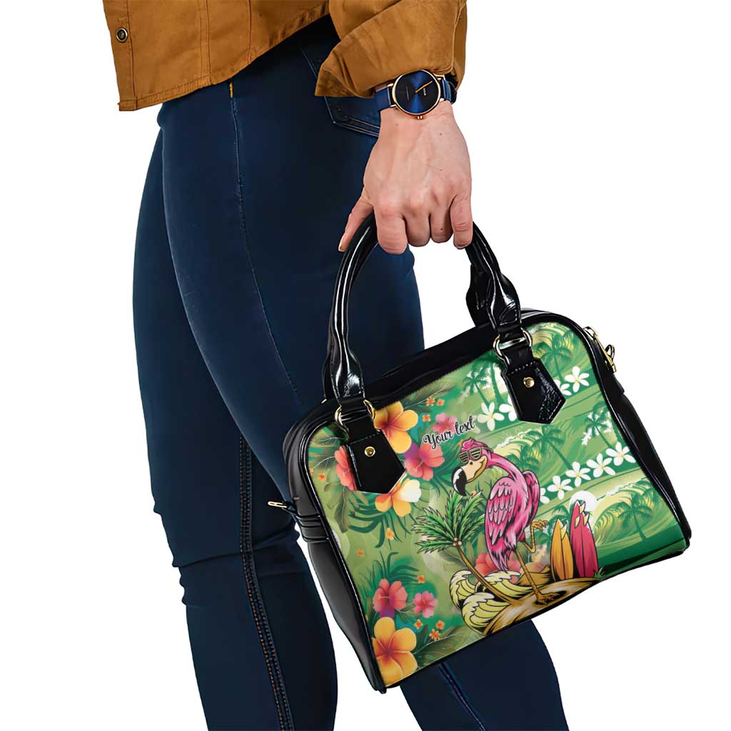 Hawaiian Flamingo Hibiscus Personalised Shoulder Handbag Green Summer Tropical Flowers - Polynesian Pride