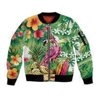 Hawaiian Flamingo Hibiscus Personalised Sleeve Zip Bomber Jacket Green Summer Tropical Flowers LT9 Unisex Green - Polynesian Pride
