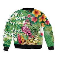 Hawaiian Flamingo Hibiscus Personalised Sleeve Zip Bomber Jacket Green Summer Tropical Flowers LT9 - Polynesian Pride
