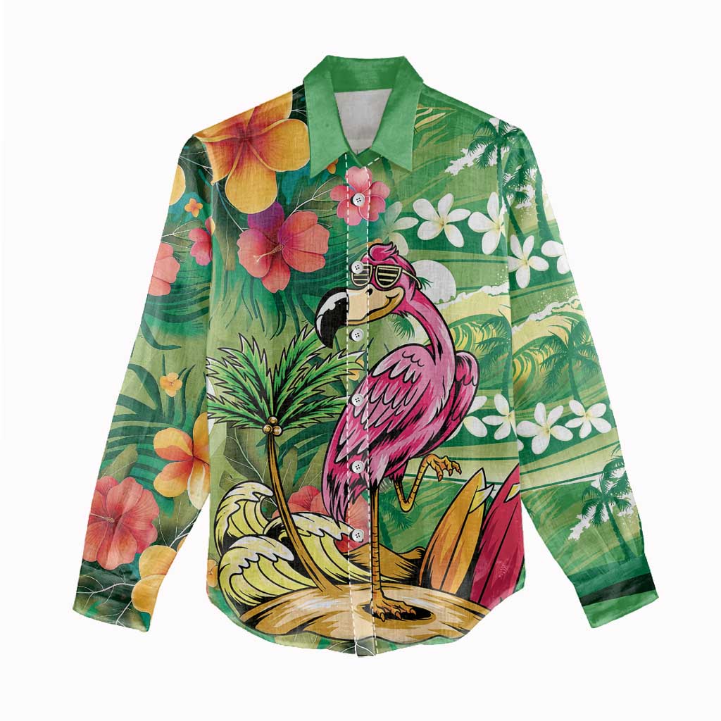 Hawaiian Flamingo Hibiscus Personalised Women Casual Shirt Green Summer Tropical Flowers LT9 - Polynesian Pride