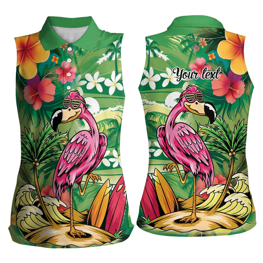 Hawaiian Flamingo Hibiscus Personalised Women Sleeveless Polo Shirt Green Summer Tropical Flowers LT9 - Polynesian Pride