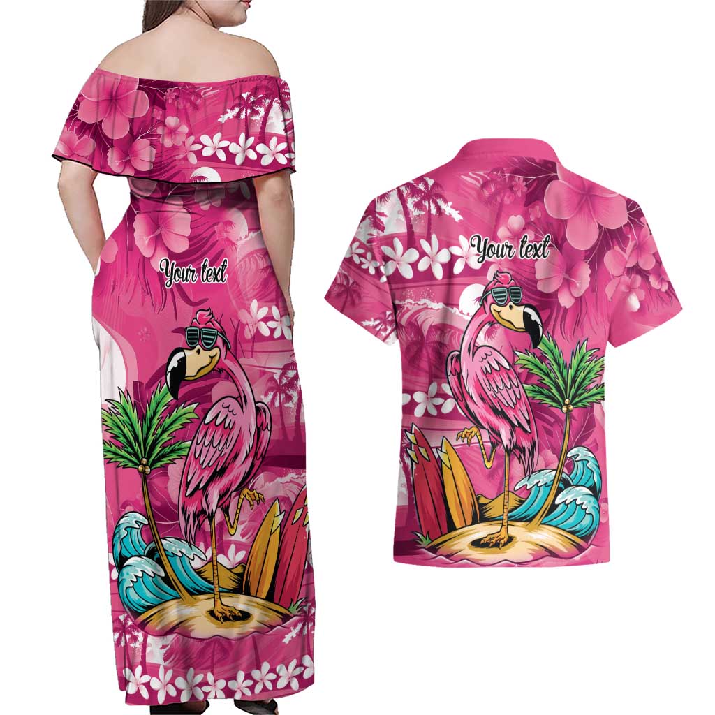 Hawaiian Flamingo Hibiscus Personalised Couples Matching Off Shoulder Maxi Dress and Hawaiian Shirt Pink Summer Tropical Flowers LT9 - Polynesian Pride