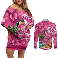 Hawaiian Flamingo Hibiscus Personalised Couples Matching Off Shoulder Short Dress and Long Sleeve Button Shirt Pink Summer Tropical Flowers LT9 Pink - Polynesian Pride