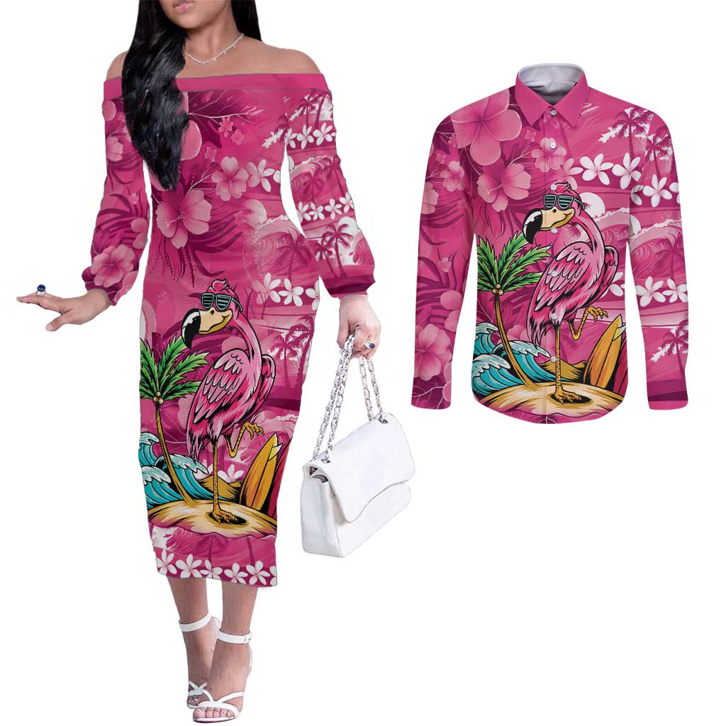 Hawaiian Flamingo Hibiscus Personalised Couples Matching Off The Shoulder Long Sleeve Dress and Long Sleeve Button Shirt Pink Summer Tropical Flowers LT9 Pink - Polynesian Pride
