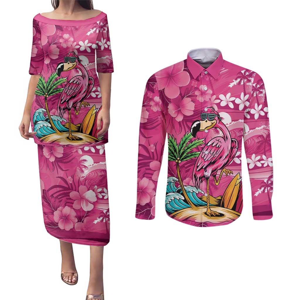 Hawaiian Flamingo Hibiscus Personalised Couples Matching Puletasi and Long Sleeve Button Shirt Pink Summer Tropical Flowers - Polynesian Pride