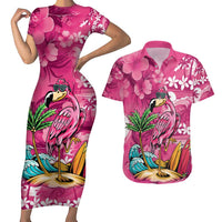 Hawaiian Flamingo Hibiscus Personalised Couples Matching Short Sleeve Bodycon Dress and Hawaiian Shirt Pink Summer Tropical Flowers LT9 Pink - Polynesian Pride