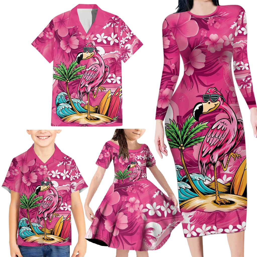 Hawaiian Flamingo Hibiscus Personalised Family Matching Long Sleeve Bodycon Dress and Hawaiian Shirt Pink Summer Tropical Flowers LT9 - Polynesian Pride