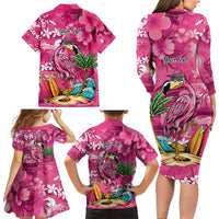 Hawaiian Flamingo Hibiscus Personalised Family Matching Long Sleeve Bodycon Dress and Hawaiian Shirt Pink Summer Tropical Flowers LT9 - Polynesian Pride