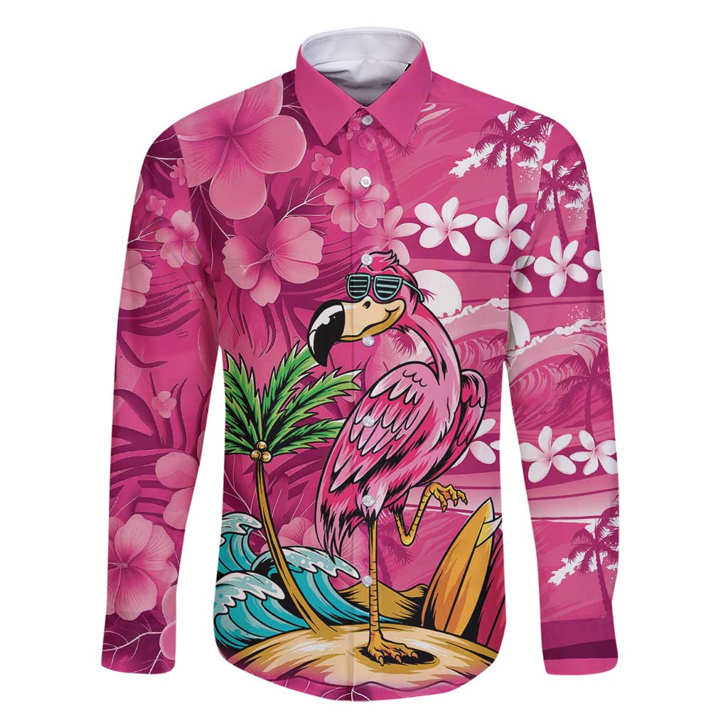 Hawaiian Flamingo Hibiscus Personalised Family Matching Long Sleeve Bodycon Dress and Hawaiian Shirt Pink Summer Tropical Flowers LT9 Dad's Shirt - Long Sleeve Pink - Polynesian Pride