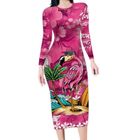 Hawaiian Flamingo Hibiscus Personalised Family Matching Long Sleeve Bodycon Dress and Hawaiian Shirt Pink Summer Tropical Flowers LT9 Mom's Dress Pink - Polynesian Pride