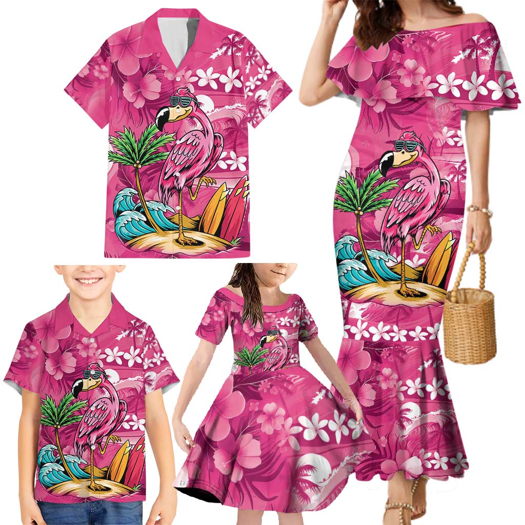 Hawaiian Flamingo Hibiscus Personalised Family Matching Mermaid Dress and Hawaiian Shirt Pink Summer Tropical Flowers LT9 - Polynesian Pride