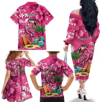 Hawaiian Flamingo Hibiscus Personalised Family Matching Off The Shoulder Long Sleeve Dress and Hawaiian Shirt Pink Summer Tropical Flowers LT9 - Polynesian Pride