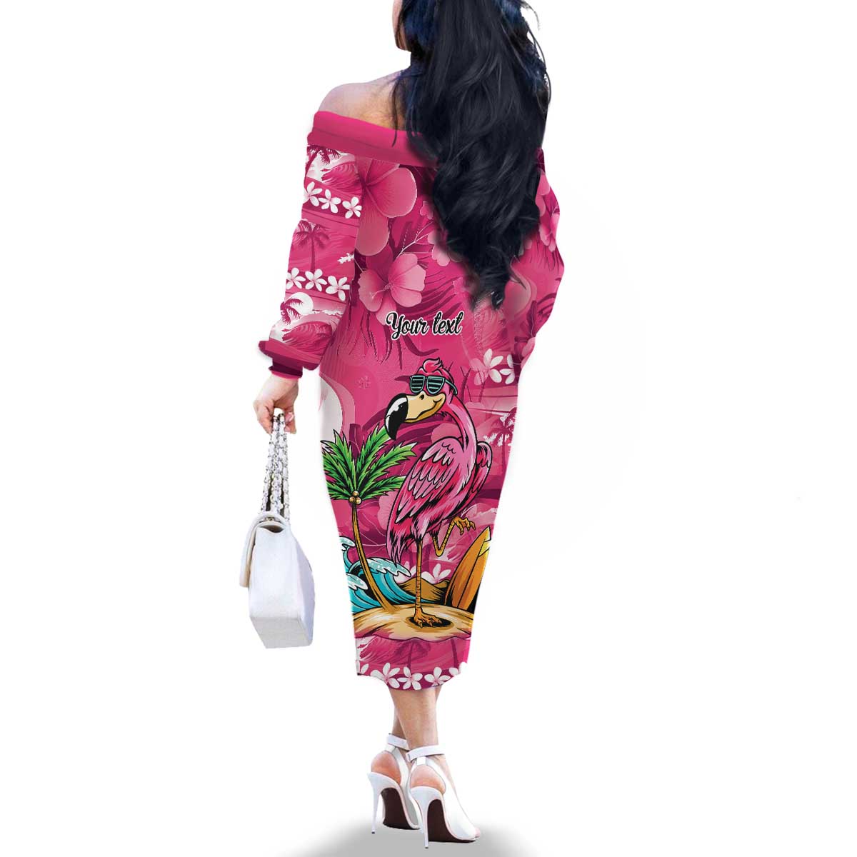 Hawaiian Flamingo Hibiscus Personalised Family Matching Off The Shoulder Long Sleeve Dress and Hawaiian Shirt Pink Summer Tropical Flowers LT9 - Polynesian Pride