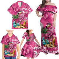Hawaiian Flamingo Hibiscus Personalised Family Matching Off Shoulder Maxi Dress and Hawaiian Shirt Pink Summer Tropical Flowers LT9 - Polynesian Pride