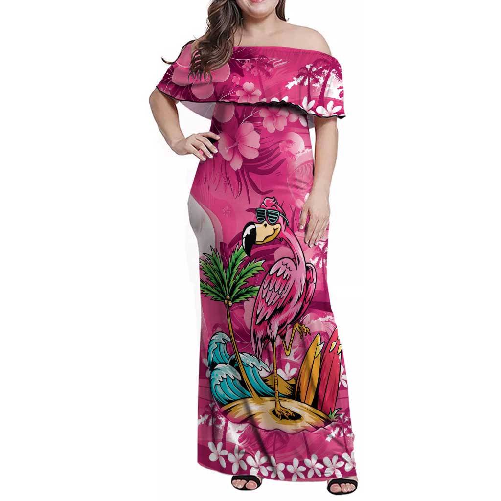 Hawaiian Flamingo Hibiscus Personalised Family Matching Off Shoulder Maxi Dress and Hawaiian Shirt Pink Summer Tropical Flowers LT9 Mom's Dress Pink - Polynesian Pride