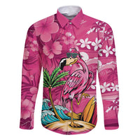 Hawaiian Flamingo Hibiscus Personalised Family Matching Off Shoulder Short Dress and Hawaiian Shirt Pink Summer Tropical Flowers LT9 Dad's Shirt - Long Sleeve Pink - Polynesian Pride