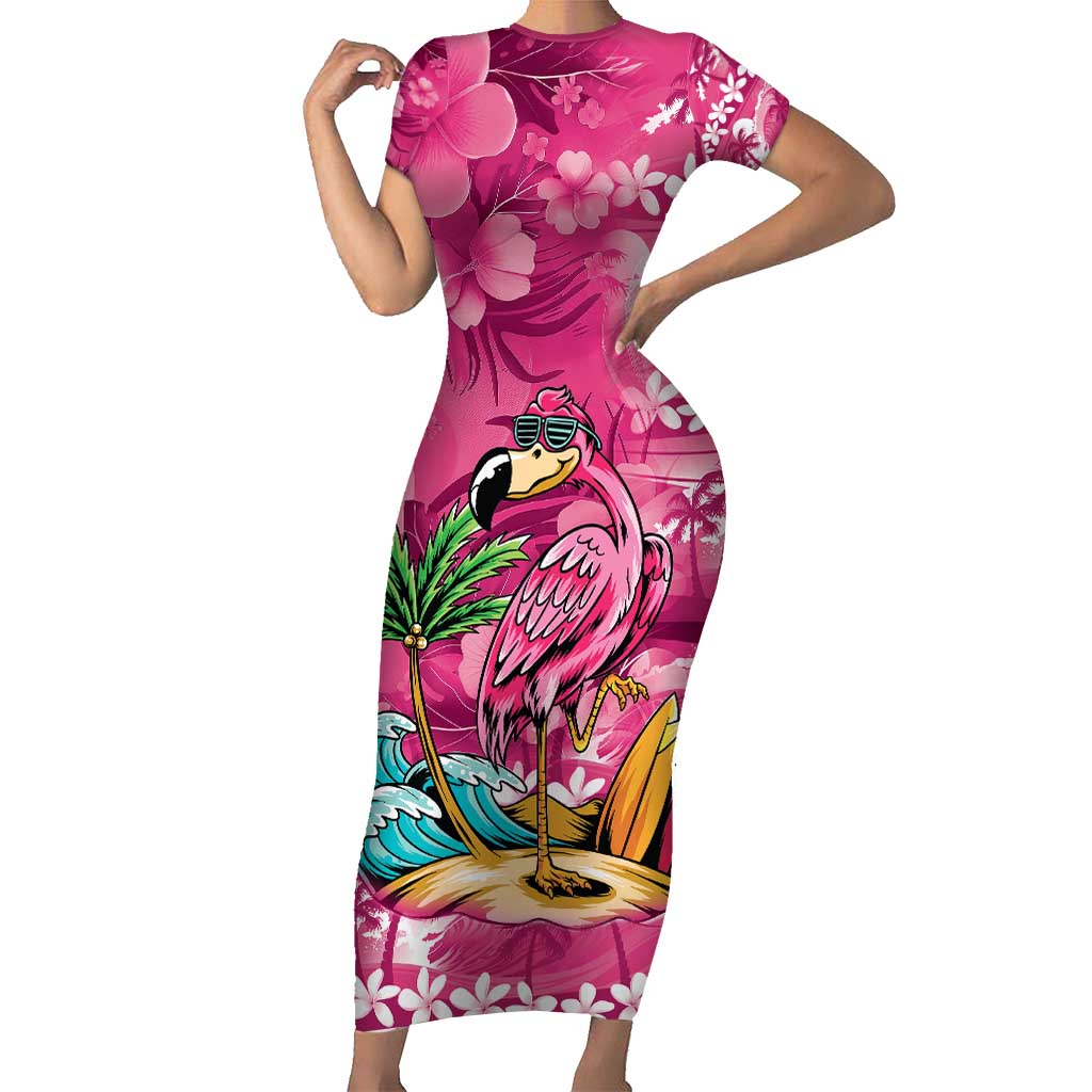 Hawaiian Flamingo Hibiscus Personalised Family Matching Short Sleeve Bodycon Dress and Hawaiian Shirt Pink Summer Tropical Flowers LT9 Mom's Dress Pink - Polynesian Pride