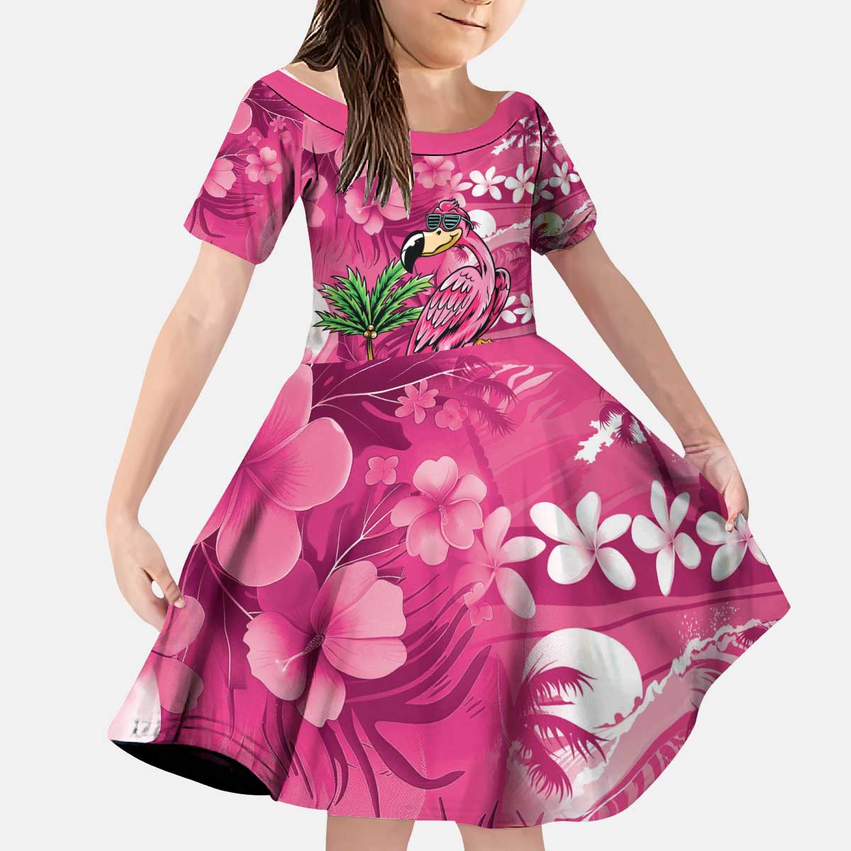 Hawaiian Flamingo Hibiscus Personalised Kid Short Sleeve Dress Pink Summer Tropical Flowers - Polynesian Pride