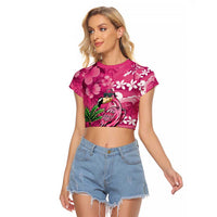 Hawaiian Flamingo Hibiscus Personalised Raglan Cropped T Shirt Pink Summer Tropical Flowers - Polynesian Pride