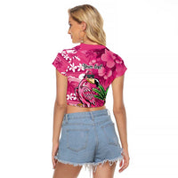 Hawaiian Flamingo Hibiscus Personalised Raglan Cropped T Shirt Pink Summer Tropical Flowers - Polynesian Pride