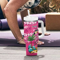Hawaiian Flamingo Hibiscus Personalised Tumbler With Handle Pink Summer Tropical Flowers - Polynesian Pride