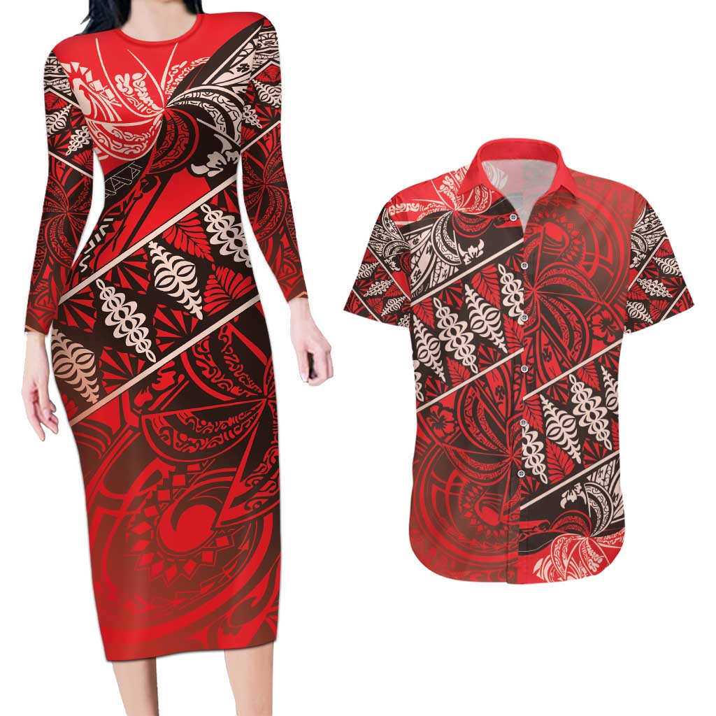 Vintage Ngatu Tribal Tonga Pattern Couples Matching Long Sleeve Bodycon Dress and Hawaiian Shirt - Polynesian Pride