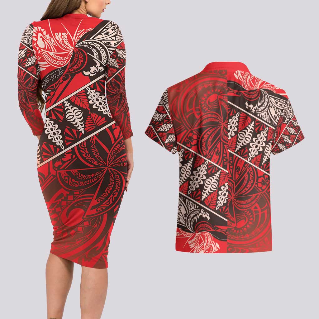 Vintage Ngatu Tribal Tonga Pattern Couples Matching Long Sleeve Bodycon Dress and Hawaiian Shirt - Polynesian Pride