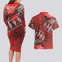 Vintage Ngatu Tribal Tonga Pattern Couples Matching Long Sleeve Bodycon Dress and Hawaiian Shirt - Polynesian Pride